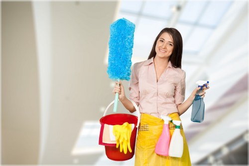 Bathroom house cleaning with scrubbed tiles and shiny fixtures