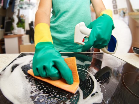 Professional house cleaning preparation with mop, microfiber cloths, and supplies